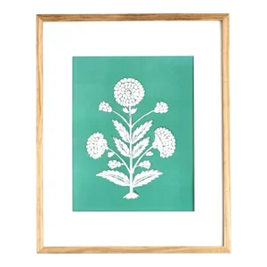 Hand-Painted Sea Green & White Abstract Floral Motif Painting, Framed