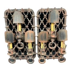 Vintage Reproduction Spanish Revival Iron Sconces with Banded Lattice Details - a Pair