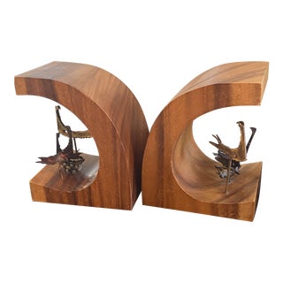 1970s Brutalist Wood and Mixed Metals Three Bird Bookends - a Pair For Sale