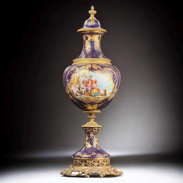 Cobalt Blue Porcelain Vase with Gilt Figural Reserve in the style of Sèvres, Befos For Sale - Image 18 of 18