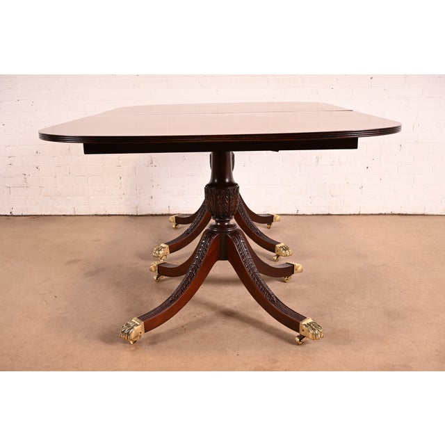 Baker Furniture Style Georgian Mahogany Double Pedestal Extension Dining Table, Newly Refinished For Sale - Image 13 of 14