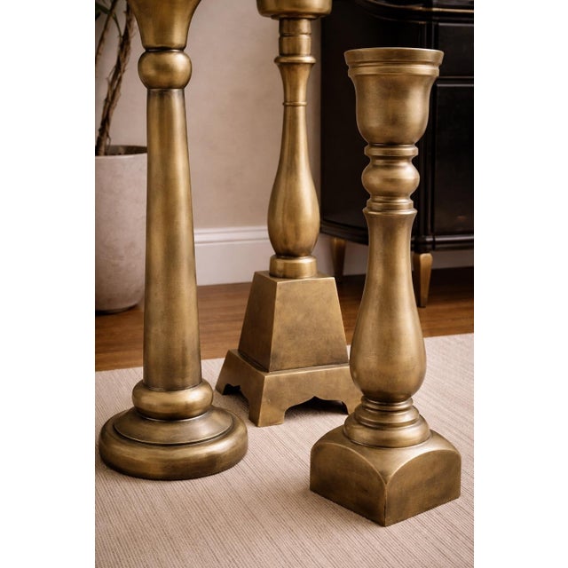 Metal Monumental Sculptural Brass Floor Candlesticks, Set of 3 — Neoclassical Column Forms in Aged Sunlit Gold Finish (33”–36.5”) For Sale - Image 7 of 7