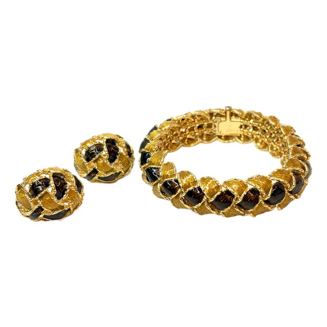 Vintage Piaget Bracelet and Earrings Set, 18 Karat Yellow Gold and Enamel For Sale