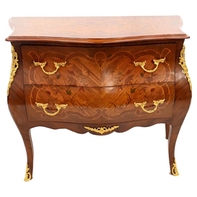 French Bombe Chest of Drawers with Marquetry Inlay For Sale