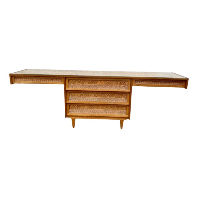 Five-Drawer Desk in Wood and Rattan, 1970s For Sale