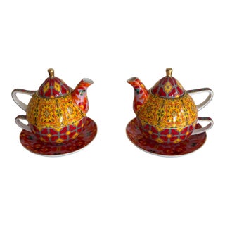 T2 Stacking Tea-for-One Porcelain Teapots – Vibrant Moroccan Pattern – a Pair 4 pcs For Sale