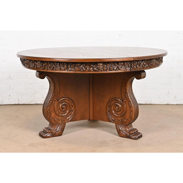 R. J. Horner Antique Victorian Carved Oak Pedestal Extension Dining Table, Newly Restored For Sale - Image 11 of 12