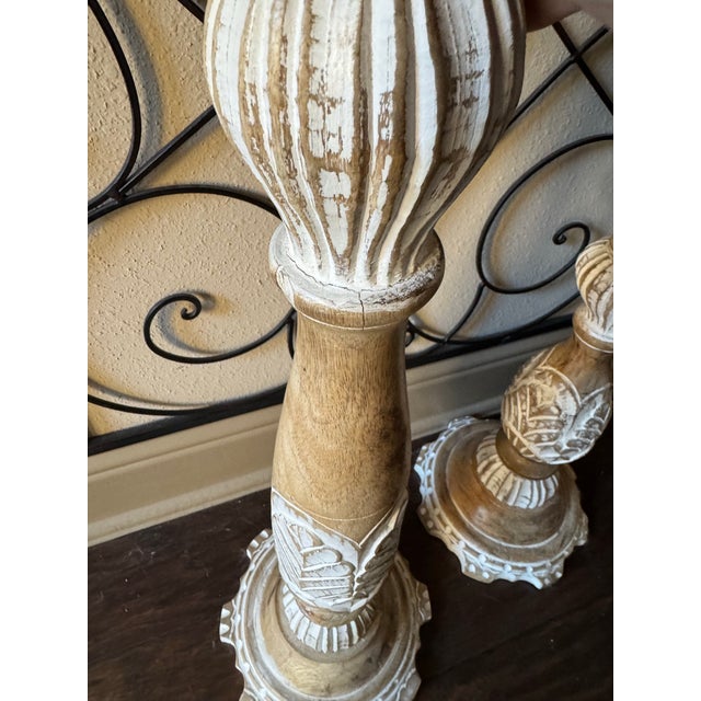 Pair of Hand-Carved Wooden Floor Candlesticks, Whitewashed Finish (30” and 22” Tall) For Sale In Houston - Image 6 of 6