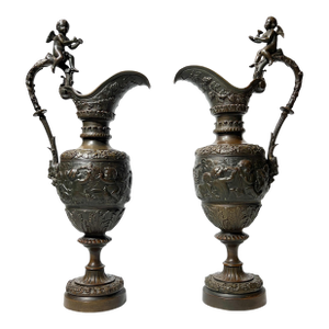 Pair Antique 19th Century Neoclassical Bronze Ewers