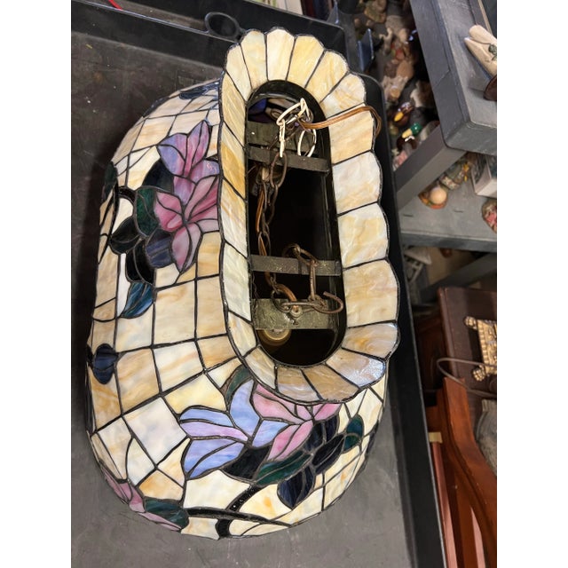 Art Deco Vintage 1960s Oval Swag Chandelier Slag Glass Purple & Pink Floral For Sale - Image 3 of 4