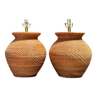 Vintage Ralph Lauren Woven Rattan Table Lamps - A Pair For Sale