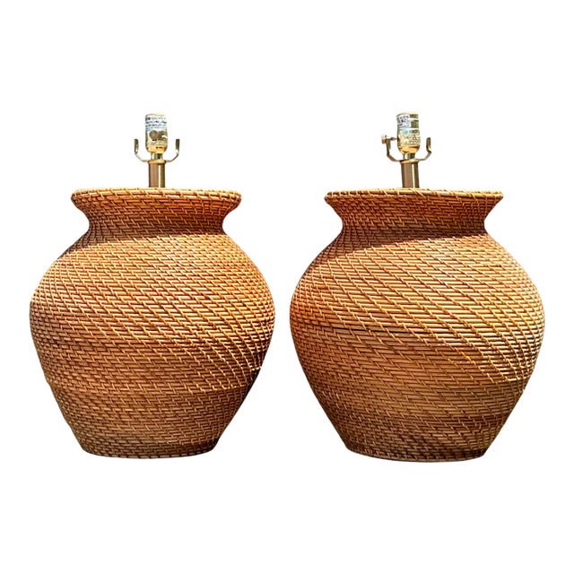 Vintage Ralph Lauren Woven Rattan Table Lamps - A Pair For Sale