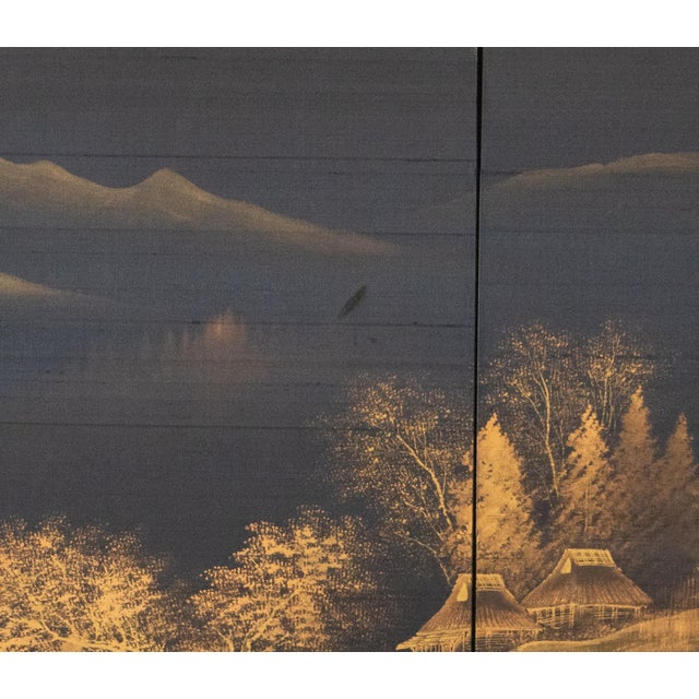 1960s Shōwa Era Japanese Monochrome Byobu Screen on Black Silk Background For Sale - Image 11 of 15