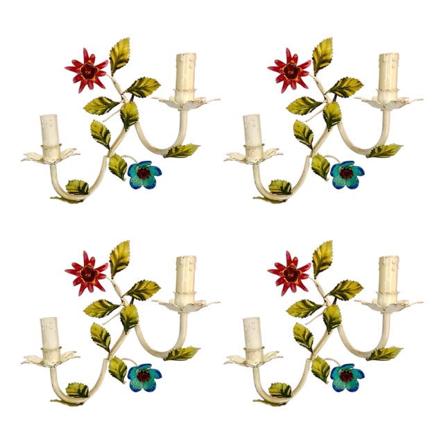 Floral Wall Lights in Hand Paint Metal, 1960s, Set of 4 For Sale