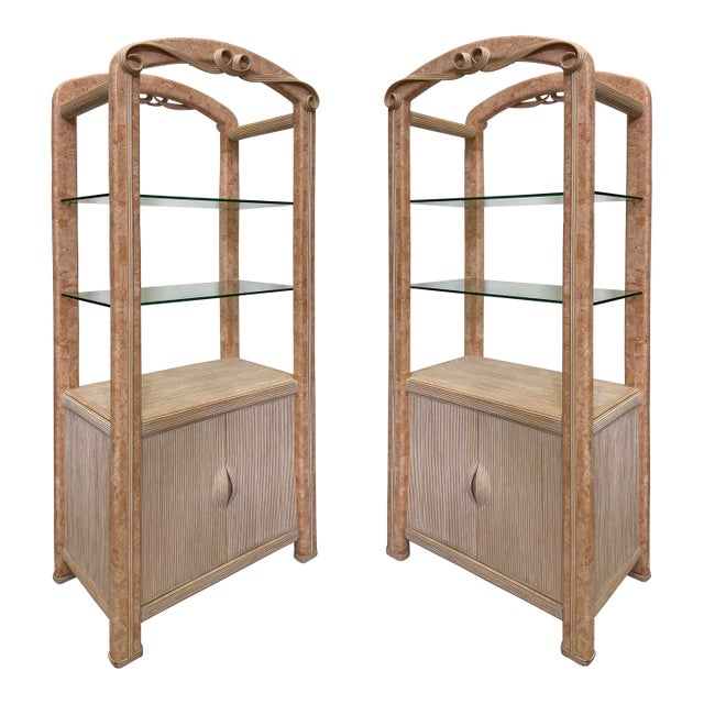 1980s Tessellated Stone, Pencil Reed Etageres, Bookcases, Pair For Sale