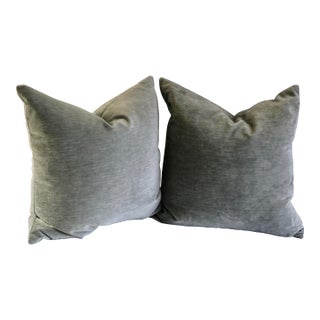 Silver Gray Velvet Feather Down Pillows 24 in X 24 in - A Pair For Sale