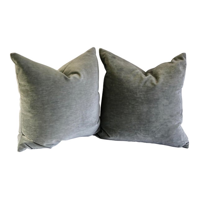 Silver Gray Velvet Feather Down Pillows 24 in X 24 in - A Pair For Sale
