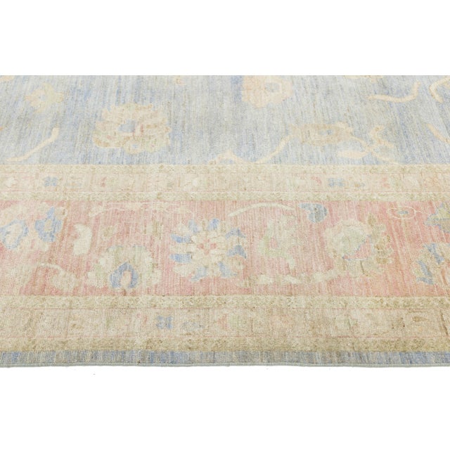 Peach Modern Oushak Style Area Rug – Hand-Knotted Wool – Muted Blue, Soft Peach & Sand For Sale - Image 8 of 11