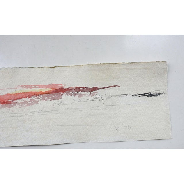 Long-format abstract red sunset minimalist landscape watercolor and pencil on heavy handmade paper by George Turner...