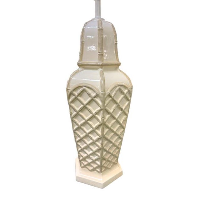 Chippendale Vintage Faux Bamboo Palm Beach Regency Glazed Ceramic Lamps – Pair For Sale - Image 3 of 9