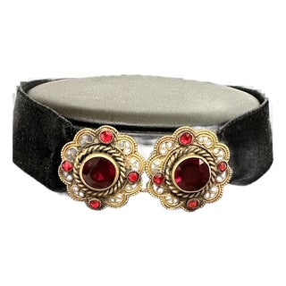 Late 20th Century Gold Tone and Red Rhinestone Velvet Choker For Sale