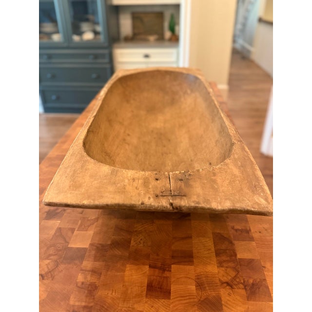 Antique Hand-Carved Primitive Wooden Dough Bowl With Early Wire Repairs – 42” For Sale - Image 4 of 8