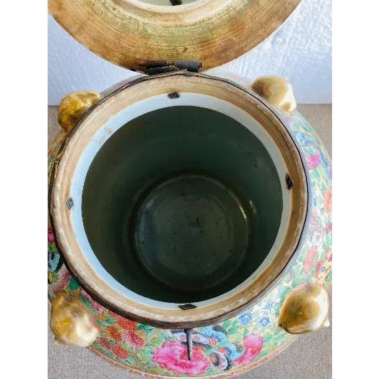 Mid 19th Century Antique Rose Medallion /Mandarin Jar With Metal Strap Lid For Sale - Image 5 of 12