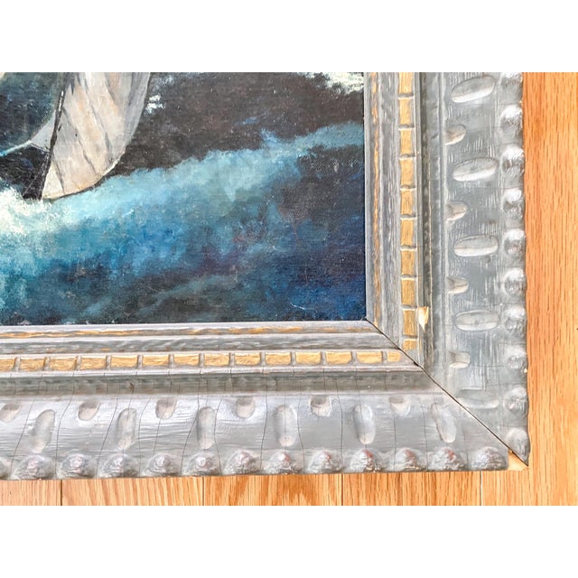 French Framed Sailboat Painting Early 20th Century With Sailor in Waves Storm Scene Nautical For Sale - Image 3 of 7