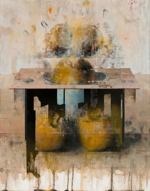 Still Life in Transit by Matthew Saba | Oil on panel Abstract composition of shapes on a table.