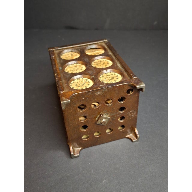 Brown Antique Arcade Cast Iron World Times Clock Still Bank Original Paper Insert C. 1910 For Sale - Image 8 of 15