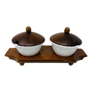 Mid-Century Modern Basketweave Milk Glass & Hardwood Condiment Caddy - 5 Pieces For Sale