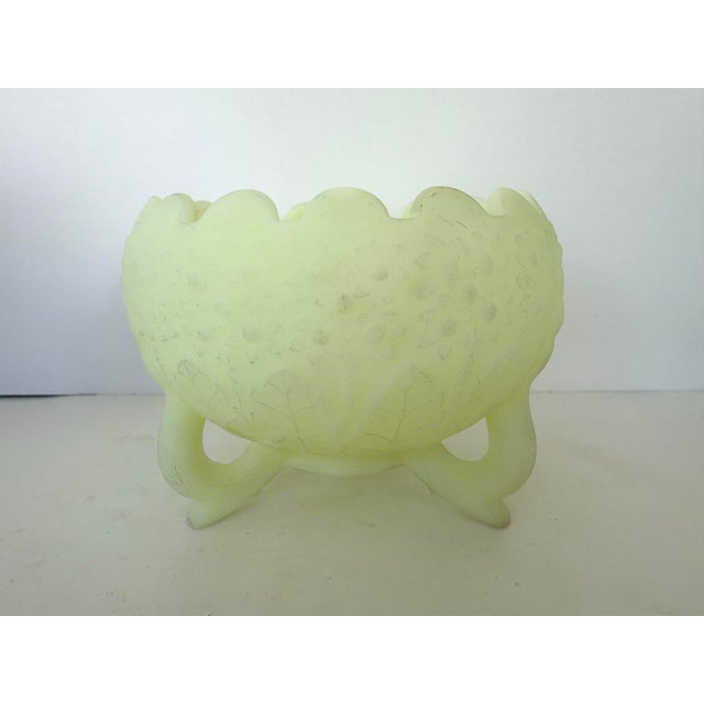 Fenton Art Glass Company Vintage Fenton Custard Uranium Glass Bowl With Hydrangea Pattern and Tripod Legs For Sale - Image 4 of 8