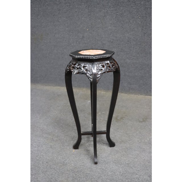 Black Chinese Carved Hardwood Plant Stand With Pink Marble Top For Sale - Image 8 of 9