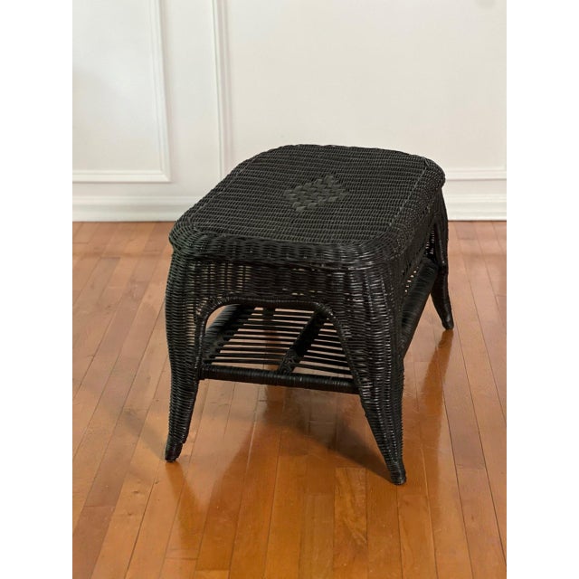 French Small Wicker Woven Coffee Table in Black With Lower Rattan Shelf, C. 1970 For Sale In Philadelphia - Image 6 of 16