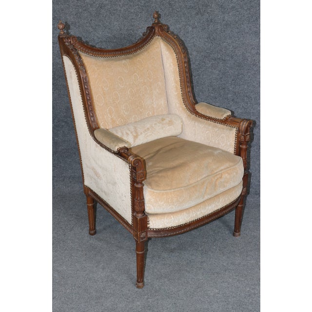 Pair of Antique French Louis XVI Bergère Chairs, Walnut Carved Frames With Down Cushions, Turn of the Century For Sale - Image 10 of 15