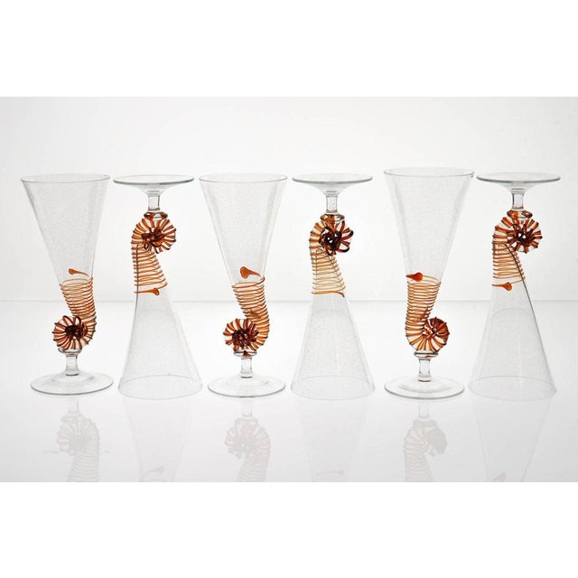 Amber Murano Glass and Pulegoso Nautilus Flutes from Cenedese, 1950s, Set of 6 For Sale - Image 10 of 18