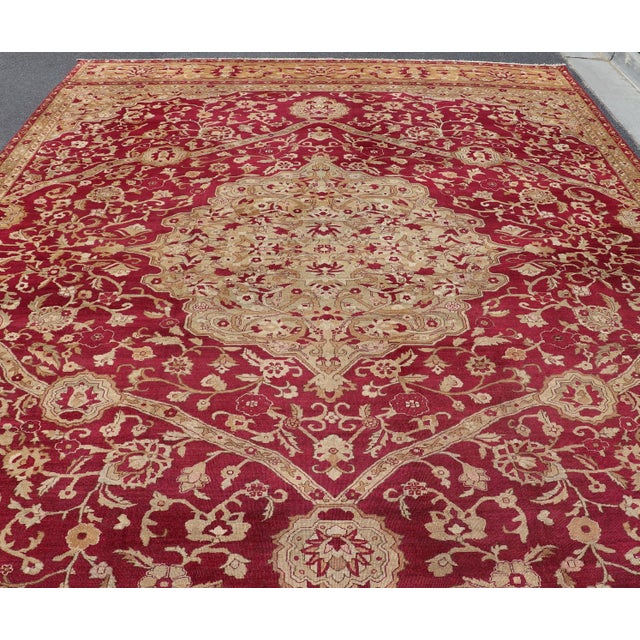 Large Antique Agra Carpet With Floral Design in Tones of Red and Taupe For Sale - Image 10 of 17