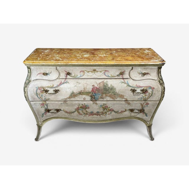 1920s Venetian, Chinoiserie Bombé Commode, Beige Painted, Faux Marble, Italy, 1920s For Sale - Image 5 of 18
