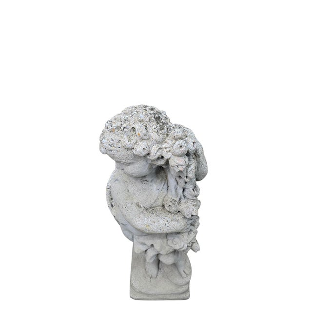 Mid 20th Century Vintage Garden Cherub Statue Holding Floral Garland For Sale - Image 5 of 8