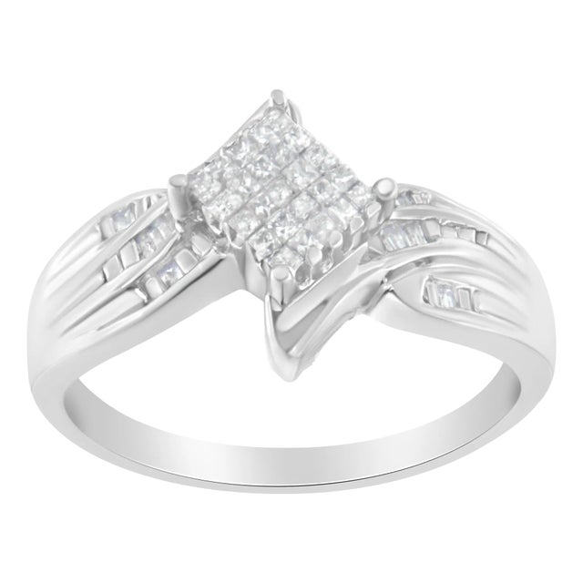 10K White Gold 1/3 Cttw Princess and Baguette Cut Diamond Bypass Style Cocktail Ring (I-J Color, I1-I2 Clarity) - Size 7 For Sale