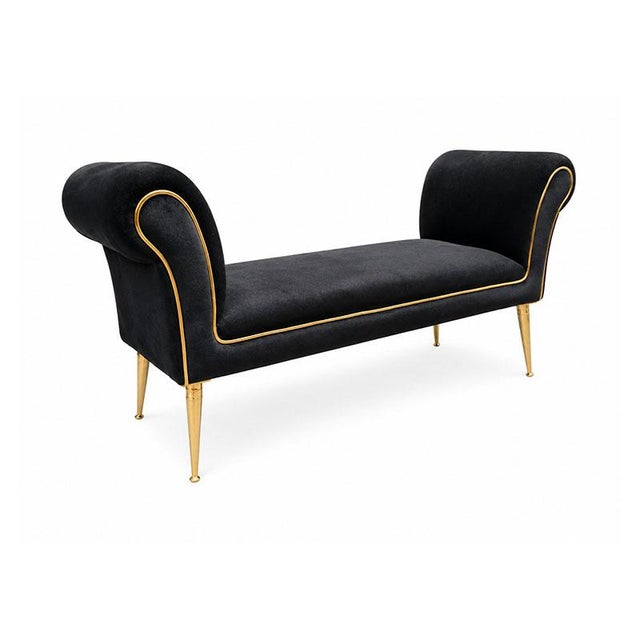 An elegant contemporary bench with art deco references, characterized by soft, enveloping lines. Upholstered in black...