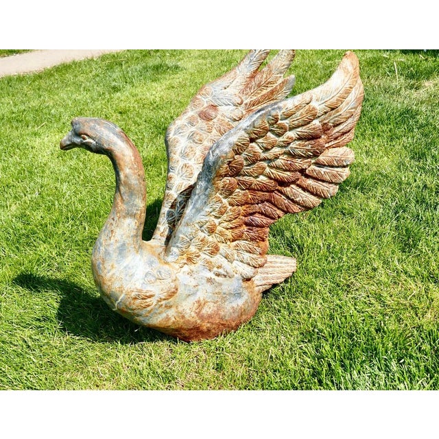 Large Weathered Cast Iron Statue of Swan Landing, 1920s For Sale - Image 3 of 8