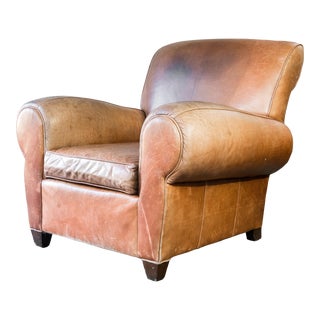Restoration Hardware Style Art Deco Distressed Leather Club Chair For Sale