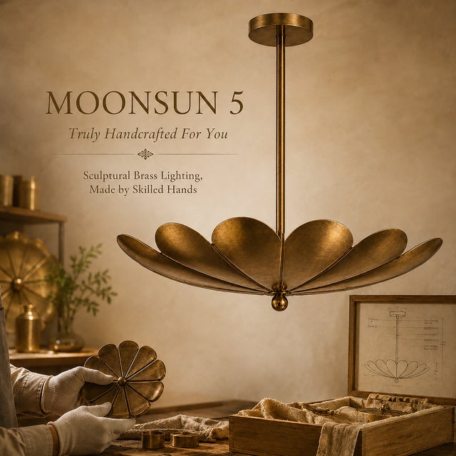 Brass Handcrafted Brass Flower Chandelier, 4-Light Petal Pendant, Mid-Century Ceiling Fixture For Sale - Image 8 of 9
