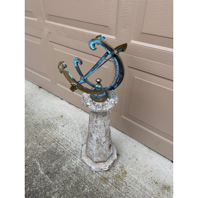 French Country Vintage English Country Classical Verdigris Bronze and Brass Garden Armillary Sundial on Concrete Corinthian Column Pedestal For Sale - Image 3 of 12