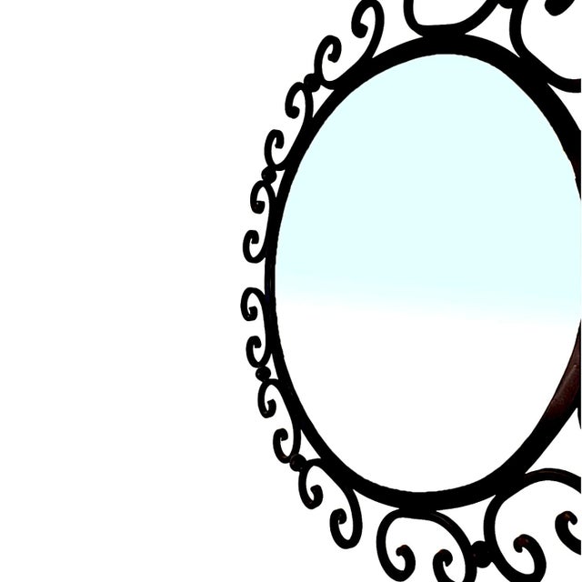 Metal 1960s Rustic Black Wrought Iron Round Scrollwork Sunburst Wall Mirror For Sale - Image 7 of 7