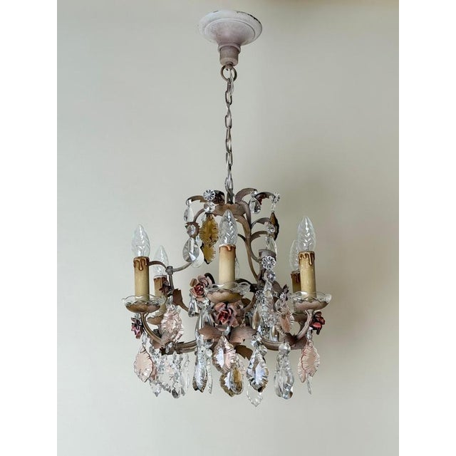 Hollywood Regency Crystal 6-Arm Chandelier with Hand-Painted Rose Details from Palwa, 1950s For Sale - Image 14 of 18