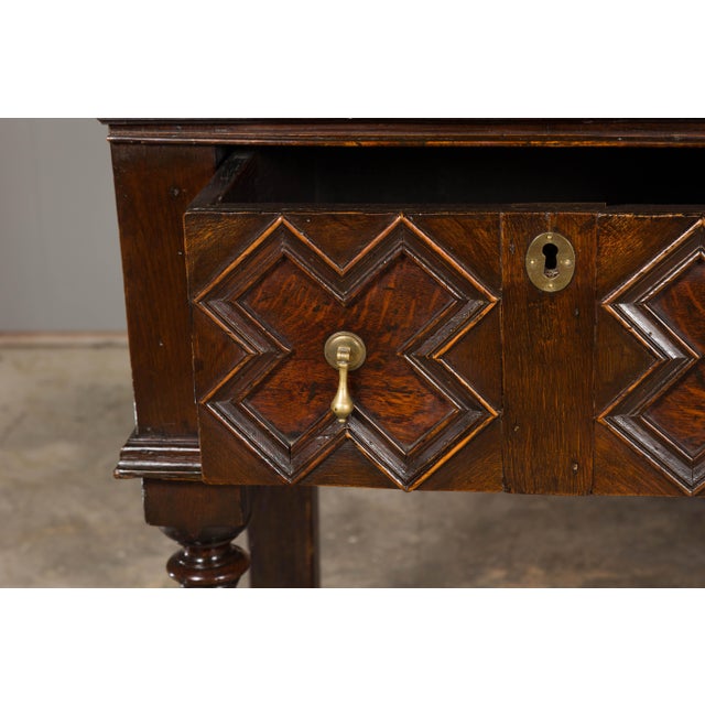 English English 19th Century Oak Sideboard with Geometric Front and Three Drawers For Sale - Image 3 of 12