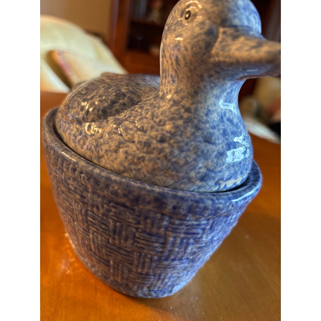 Beautiful Blue Ceramic Duck Nesting on Basquet Casserole. 6”high, 4.5” wide, 7” long