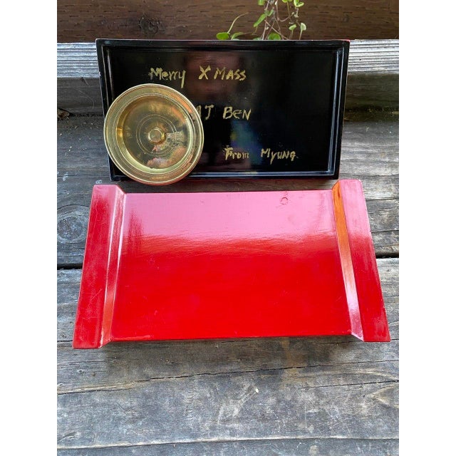 Vintage Japanese Red Lacquer Smoking Box With Mother-of-Pearl Birds and Brass Ash Receiver For Sale - Image 14 of 16